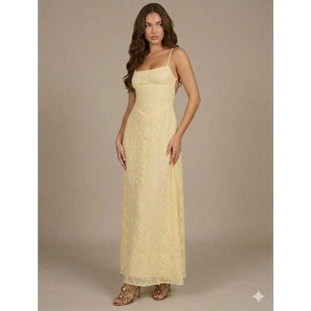 Princess Polly Yellow South of France Jacquard Lace Up  Maxi 10 Romantic HOCO